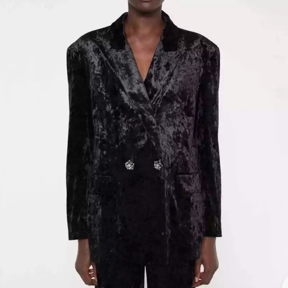 Zara Black Crushed Velvet Blazer with Jeweled Buttons